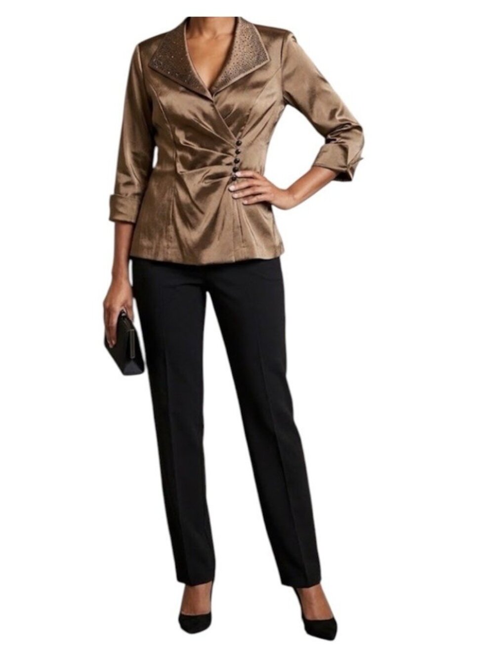 R&M Richard’s Gold Metallic Business Formal Back Zip Beaded Blouse Size 10